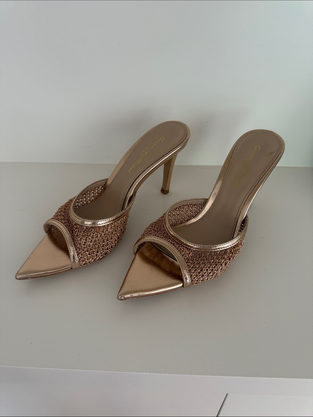 Gold Crystal Mesh Pointed-Toe Mule Heels
